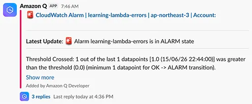 Alarm message from Amazon Q in Slack