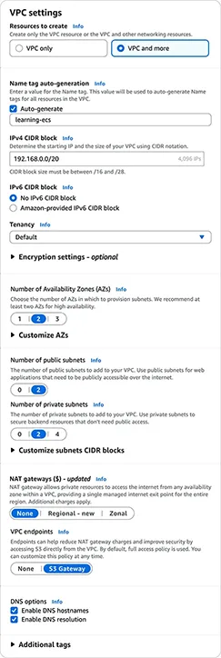 AWS console create vpc