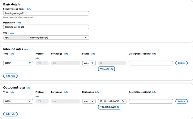 AWS console create security group