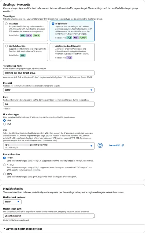 AWS console create ELB target group
