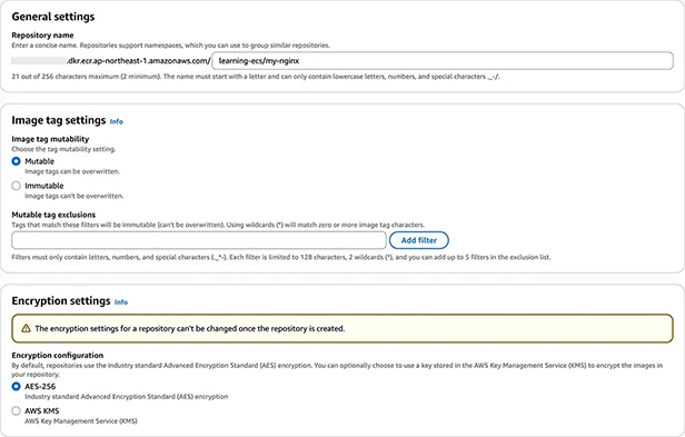 AWS console create ECR private repository