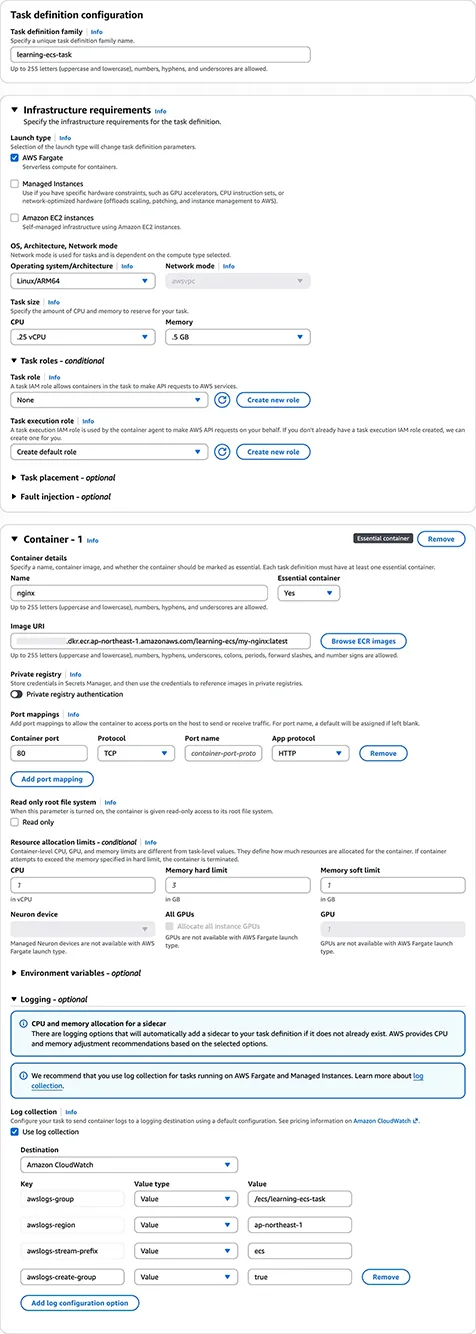 AWS console create ECS task definition