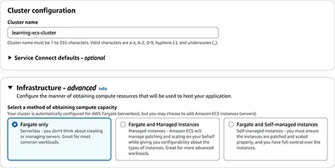AWS console create ECS cluster